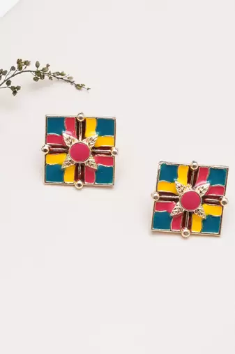 Abhika creations handcrafted colour-block square studs with leaf motif centre