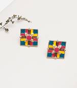 Abhika creations handcrafted colour-block square studs with leaf motif centre