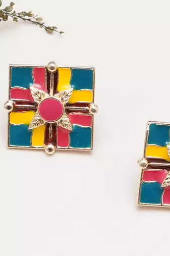 Abhika creations handcrafted colour-block square studs with leaf motif centre