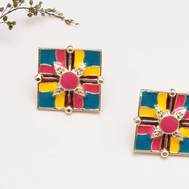 Abhika creations handcrafted colour-block square studs with leaf motif centre