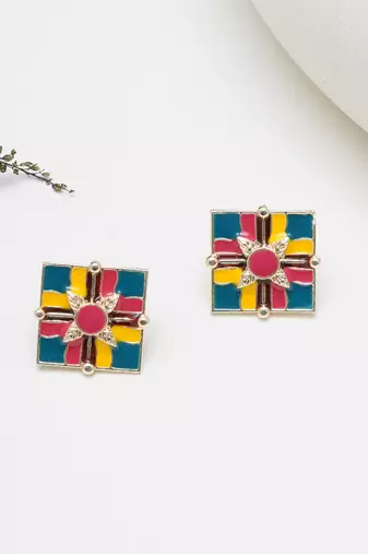 Abhika creations handcrafted colour-block square studs with leaf motif centre