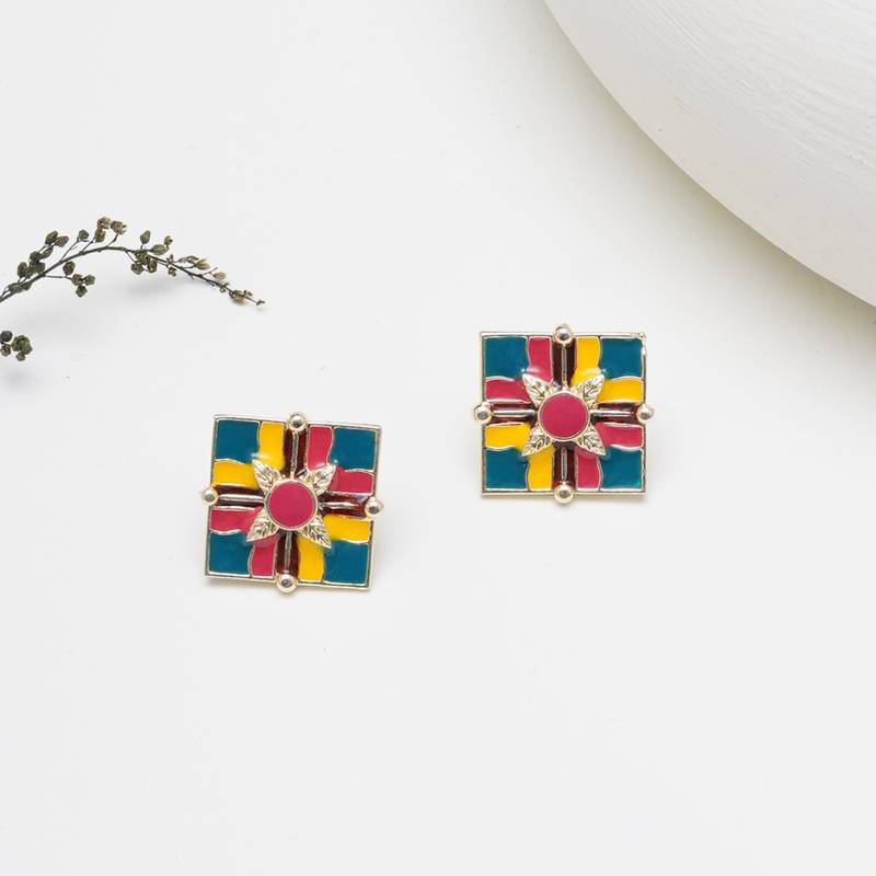 Abhika creations handcrafted colour-block square studs with leaf motif centre