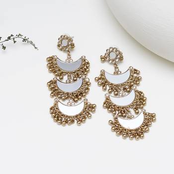 Abhika creations multi-layer mirror crescent dangler earrings with gold bead fringe 1