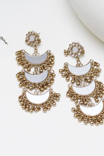 Abhika creations multi-layer mirror crescent dangler earrings with gold bead fringe