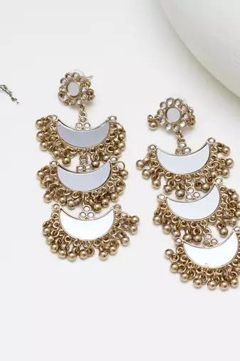 Abhika creations multi-layer mirror crescent dangler earrings with gold bead fringe