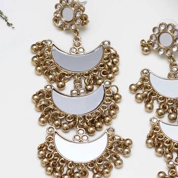 Abhika creations multi-layer mirror crescent dangler earrings with gold bead fringe 2