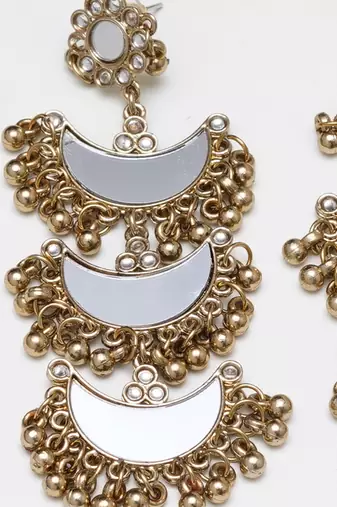 Abhika creations multi-layer mirror crescent dangler earrings with gold bead fringe