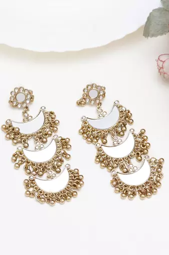 Abhika creations multi-layer mirror crescent dangler earrings with gold bead fringe