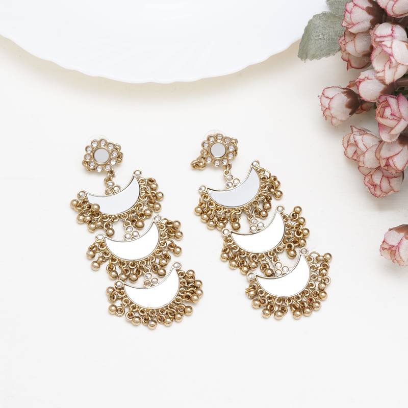Abhika creations multi-layer mirror crescent dangler earrings with gold bead fringe