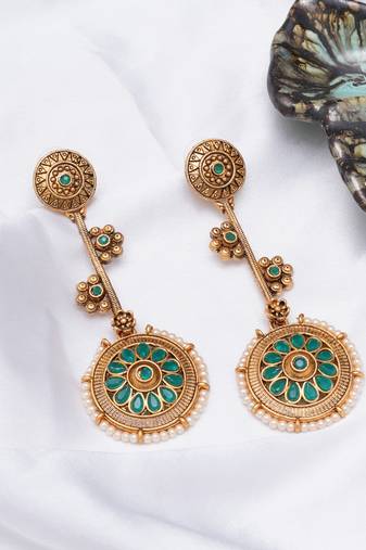 Abhika creations traditional gold & green enamel round dangler earrings