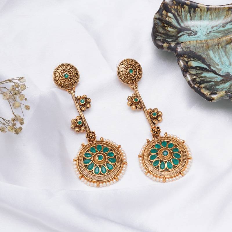 Abhika creations traditional gold & green enamel round dangler earrings