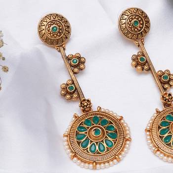 Abhika creations traditional gold & green enamel round dangler earrings 2