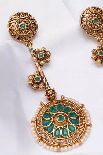 Abhika creations traditional gold & green enamel round dangler earrings