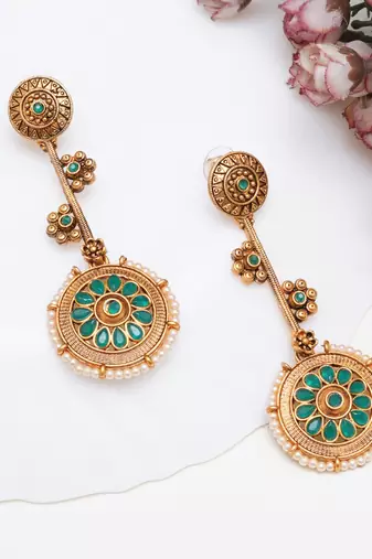 Abhika creations traditional gold & green enamel round dangler earrings