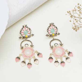 Abhika creations multicolour pastel enamel earrings with mint stud & pink dangling charms 1