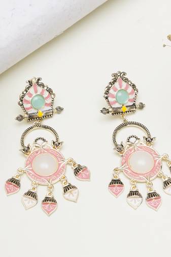Abhika creations multicolour pastel enamel earrings with mint stud & pink dangling charms