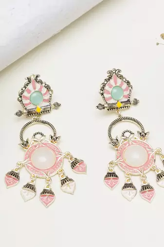 Abhika creations multicolour pastel enamel earrings with mint stud & pink dangling charms