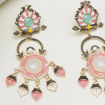 Abhika creations multicolour pastel enamel earrings with mint stud & pink dangling charms 2