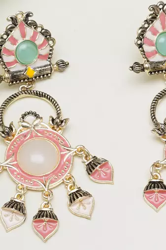 Abhika creations multicolour pastel enamel earrings with mint stud & pink dangling charms
