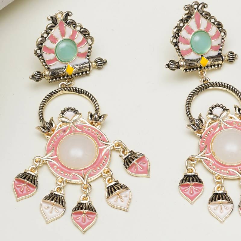 Abhika creations multicolour pastel enamel earrings with mint stud & pink dangling charms