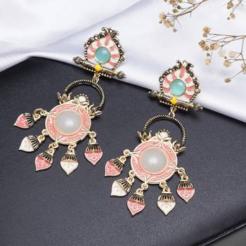 Abhika creations multicolour pastel enamel earrings with mint stud & pink dangling charms 3