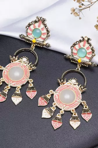 Abhika creations multicolour pastel enamel earrings with mint stud & pink dangling charms
