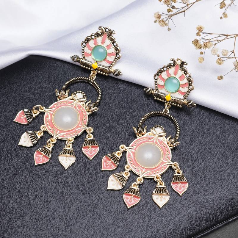 Abhika creations multicolour pastel enamel earrings with mint stud & pink dangling charms
