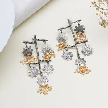 Abhika creations oxidised multi-layered flower earrings with kundan teardrop & pearls 1