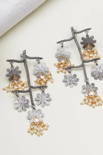 Abhika creations oxidised multi-layered flower earrings with kundan teardrop & pearls