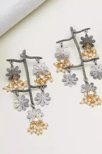 Abhika creations oxidised multi-layered flower earrings with kundan teardrop & pearls
