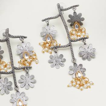 Abhika creations oxidised multi-layered flower earrings with kundan teardrop & pearls 2