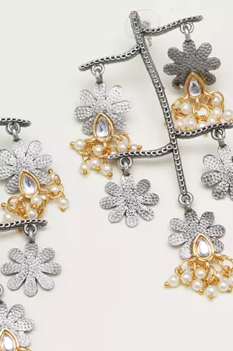 Abhika creations oxidised multi-layered flower earrings with kundan teardrop & pearls