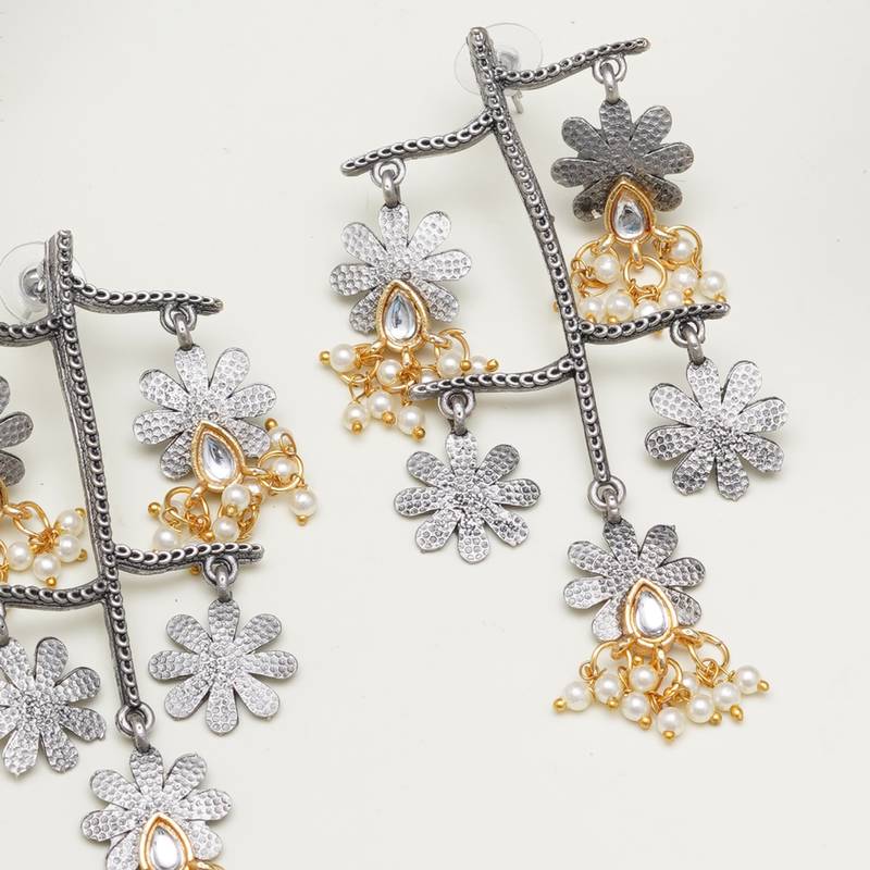 Abhika creations oxidised multi-layered flower earrings with kundan teardrop & pearls