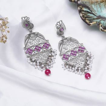 Abhika creations antique silver peacock drop earrings with pink stone & pearl cluster 1