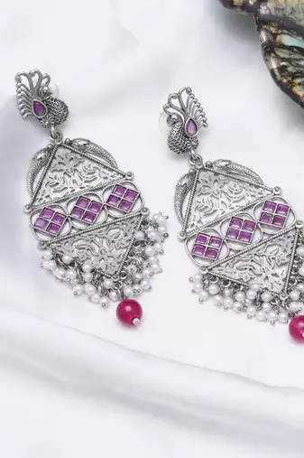 Abhika creations antique silver peacock drop earrings with pink stone & pearl cluster