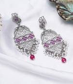 Abhika creations antique silver peacock drop earrings with pink stone & pearl cluster