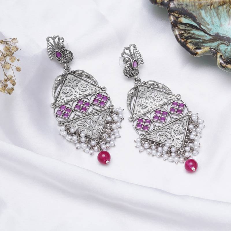 Abhika creations antique silver peacock drop earrings with pink stone & pearl cluster