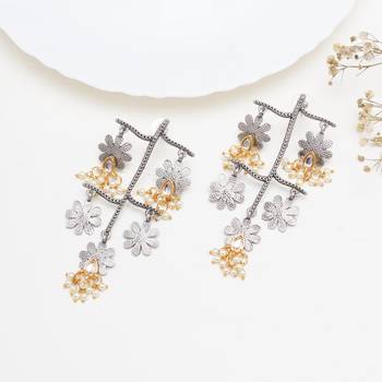 Abhika creations oxidised multi-layered flower earrings with kundan teardrop & pearls 3
