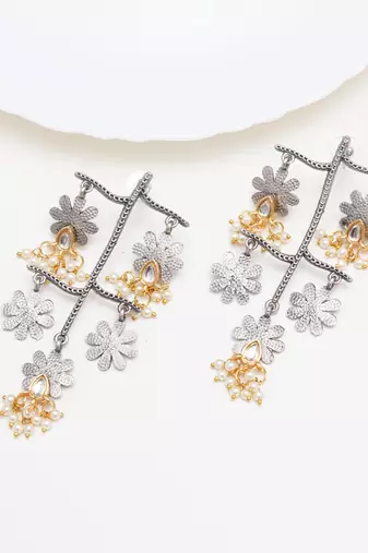 Abhika creations oxidised multi-layered flower earrings with kundan teardrop & pearls