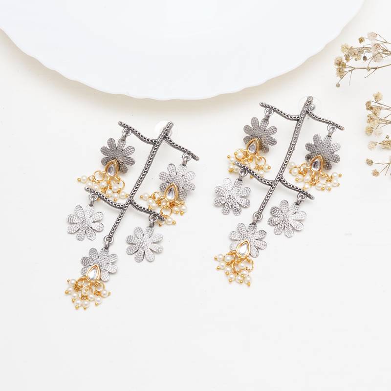 Abhika creations oxidised multi-layered flower earrings with kundan teardrop & pearls
