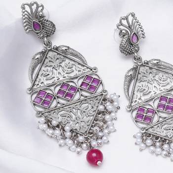 Abhika creations antique silver peacock drop earrings with pink stone & pearl cluster 2
