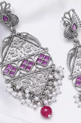 Abhika creations antique silver peacock drop earrings with pink stone & pearl cluster