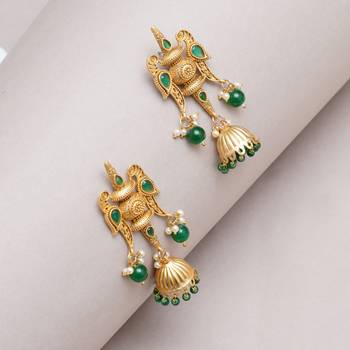 Abhika creations handcrafted green bead jhumka earrings with carved top & fish motifs 1