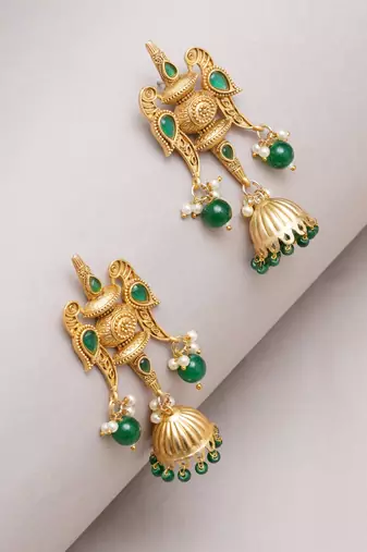 Abhika creations handcrafted green bead jhumka earrings with carved top & fish motifs