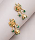 Abhika creations handcrafted green bead jhumka earrings with carved top & fish motifs