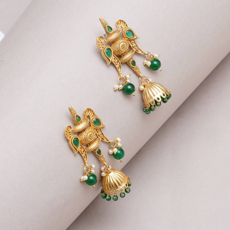 Abhika creations handcrafted green bead jhumka earrings with carved top & fish motifs