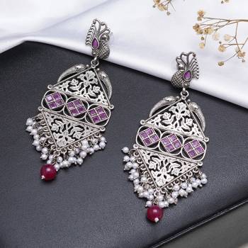 Abhika creations antique silver peacock drop earrings with pink stone & pearl cluster 3