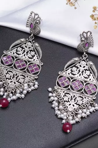 Abhika creations antique silver peacock drop earrings with pink stone & pearl cluster