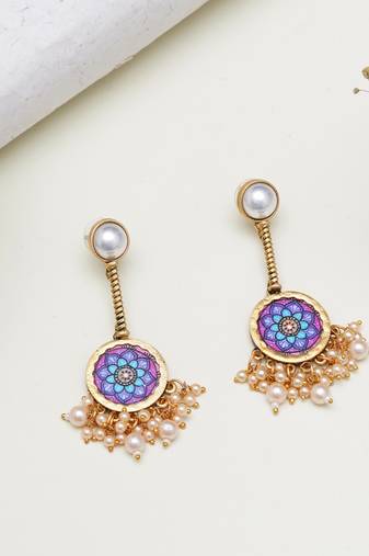 Abhika creations gold-toned mandala earrings with pearl stud & clustered pearl fringe