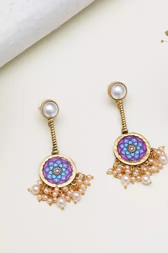Abhika creations gold-toned mandala earrings with pearl stud & clustered pearl fringe